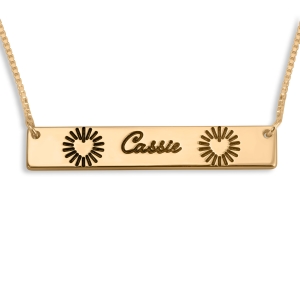 Horizontal Bar Script Name Necklace With Modern Heart, 24K Gold Plated