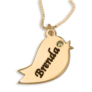 Double Thickness Bird Name Necklace With Birthstone, 24K Gold Plated