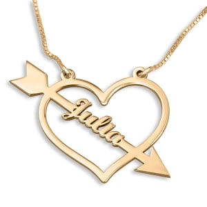 Cupid Heart And Arrow Name Necklace, 24K Gold Plated