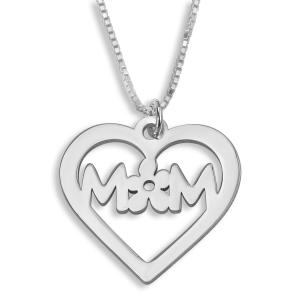 Mom With Flower Heart Name Necklace, Sterling Silver