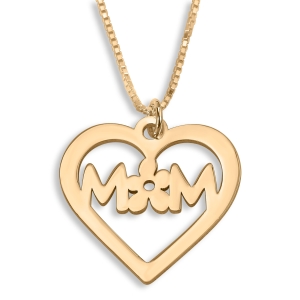 Mom With Flower Heart Name Necklace, 24K Gold Plated