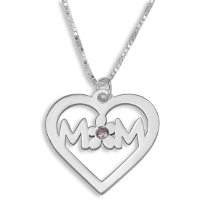 Double Thickness Mom With Flower And Birthstone Heart Name Necklace, Sterling Silver