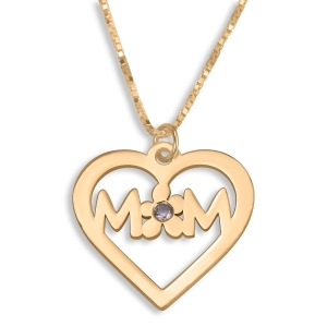 Double Thickness Mom With Flower And Birthstone Heart Name Necklace, 24K Gold Plated
