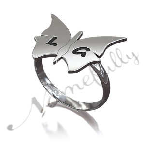Butterfly Ring with Contrast Letters in 14k White Gold - "LG"