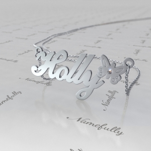 Customized Butterfly Name Necklace with Diamonds in Sterling Silver - "Holly"