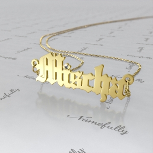 Name Necklace with Diamonds & Gothic Font in 14k Yellow Gold - "Mischa Barton"