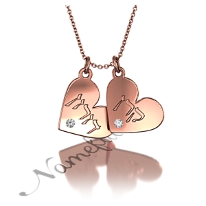 Hebrew Couple Name Necklace with Hearts and Diamonds in Rose Gold Plated Silver - "Keren loves Doron"