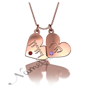 Hebrew Couple Name Necklace with Hearts and Swarovski Birthstones in 14k Rose Gold - "Keren loves Doron"