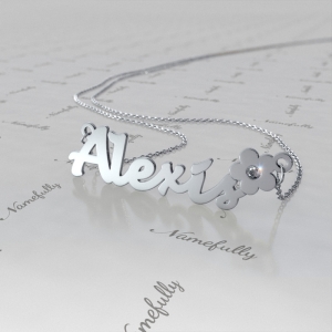 Name Necklace with Flower and Diamonds in 14k White Gold - "Alexis"