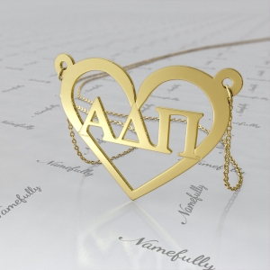 Sorority Necklace with Customized Greek Letters and Heart - "Alpha Delta Pi" in 18k Yellow Gold Plated