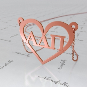 Sorority Necklace with Customized Greek Letters and Heart - "Alpha Delta Pi" in 14k Rose Gold