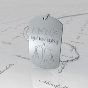 Zodiac Dog Tag with Custom Engraved Text-"Anna" in 10k White Gold