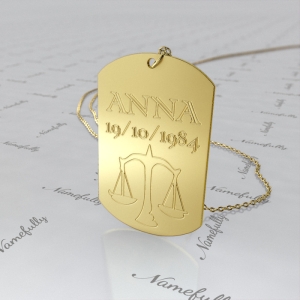 Zodiac Dog Tag with Custom Engraved Text-"Anna" in 18k Yellow Gold Plated