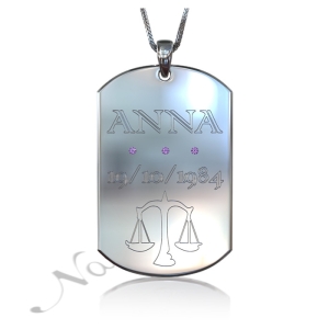 Zodiac Dog Tag with Birthstones and Custom Engraved Text-"Anna" in Sterling Silver
