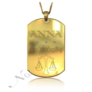 Zodiac Dog Tag with Birthstones and Custom Engraved Text-"Anna"
