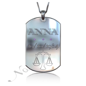 Zodiac Dog Tag with Birthstones and Custom Engraved Text-"Anna" in 10k White Gold