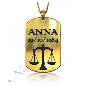 Zodiac Dog Tag with Custom Engraved Black Text-"Anna"in 18k Yellow Gold Pated
