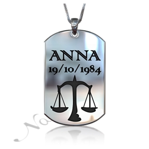 Zodiac Dog Tag with Custom Engraved Black Text-"Anna" in 14k White Gold