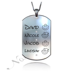 Mom Dog Tag with Names of Kids and Diamonds in Sterling Silver
