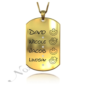 Mom Dog Tag with Names of Kids and Diamonds in 14k Yellow Gold