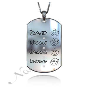 Mom Dog Tag with Names of Kids and Diamonds in 14k White Gold