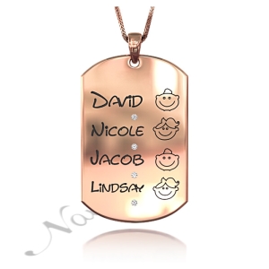Mom Dog Tag with Names of Kids and Diamonds in Rose Gold Plated
