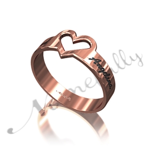 Personalized Ring with Two Names in Script with Cut Out Heart - "Brad and Angelina" in 14k Rose Gold