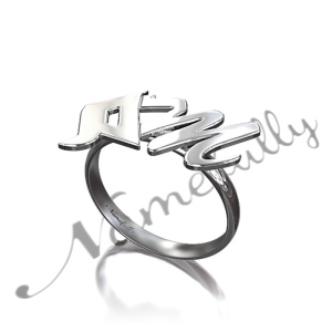 Personalized Ring with Arabic and English Initials - "Miim" in 14k White Gold
