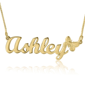 Butterfly Name Necklace, Ashley Script, 24k Gold Plated