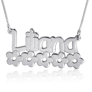 14K White Gold Flower Name Necklace, Lil' Cuties Print