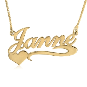 14K Gold Name Necklace, Heart Swoosh