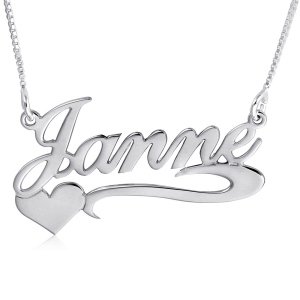 14K White Gold Heart Name Necklace, Swoosh