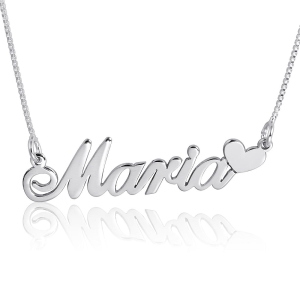 14K White Gold Name Necklace, Maria Style With Heart End
