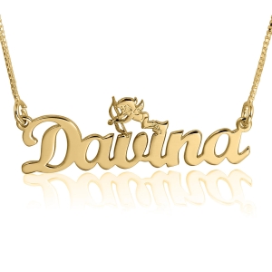 Name Necklace, 14K Gold, Romantic Cupid