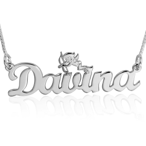14K White Gold Name Necklace, Cupid's Love Name Plate