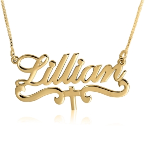 Cross Name Necklace, 24k Gold Plated Name Plate