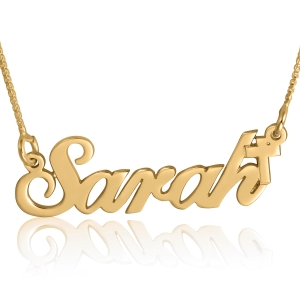 14K Gold Cross Name Necklace, Joyful Script