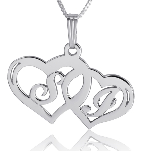 Couples Initial Heart Necklace, Luxe Double Initials with Heart, Sterling Silver