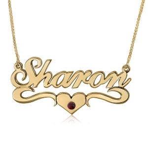 Double Thickness Birthstone Heart Swoosh Name Necklace, 24k Gold Plated