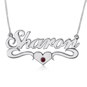 Double Thickness Birthstone Heart Swoosh Name Necklace, Sterling Silver
