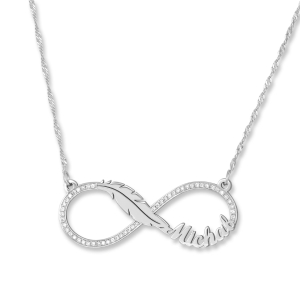 Infinity Diamond Name Necklace, 14k White Gold with Feather