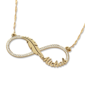 14K Yellow Gold English / Hebrew Diamond Infinity Name Necklace with Feather