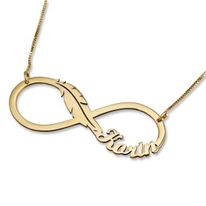 14k Gold Infinity Name Necklace with Feather