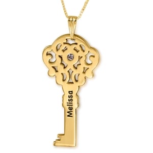 Double Thickness Key Name Necklace with Birthstone, 24k Gold Plated