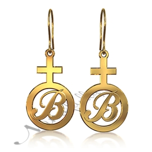 Carrie Style Initial Earrings with Female Symbol in 14k Yellow Gold