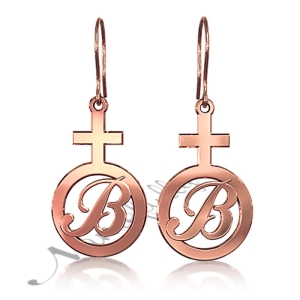 Carrie Style Initial Earrings with Female Symbol in Rose Gold Plated