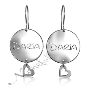 Personalized Dangle Earrings with Heart Charms and Circles in Sterling Silver