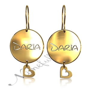Personalized Dangle Earrings with Heart Charms and Circles in 14k Yellow Gold