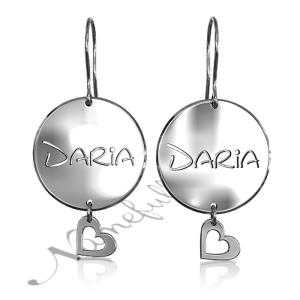 Personalized Dangle Earrings with Heart Charms and Circles in 14k White Gold