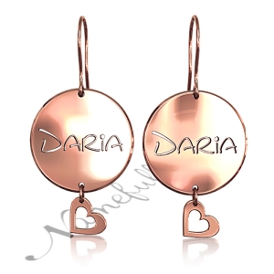 Personalized Dangle Earrings with Heart Charms and Circles in Rose Gold Plated